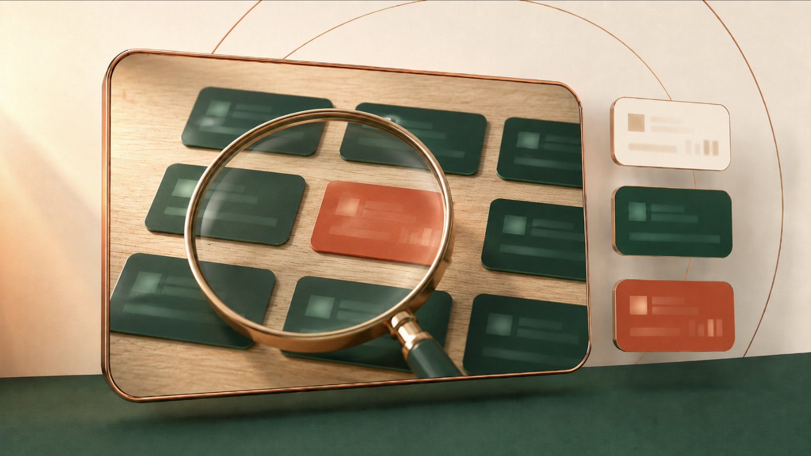 Illustratie: een loep boven een raster van kaarten, waarvan er één terracotta is tussen de overige groene