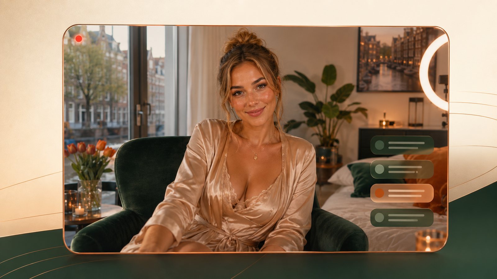 Camgirl die streamt vanuit een Amsterdams appartement, met Nederlandstalige chatberichten